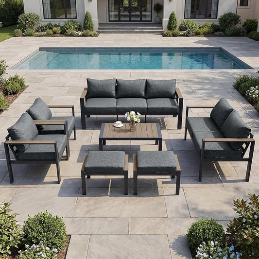 Patio Furniture Set 9 Seats and Coffee Table, 7 Pieces Patio Conversation Set with Thick Cushion, Ottomans, Deluxe Aluminum Modern Outside Sectional for Porch, Balcony, Deck, Yard, Light Gray