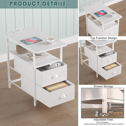 sthmec End Table with Charging Station, Narrow Side Table with 2 Drawers, LED Nightstands with Drawers, USB Ports & Power Oulets,Slim Sofa Side Tables for Small Spaces,Living Room,Bedroom,White