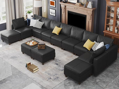 EASE MOOSE Faux Leather Modular Couch Sectional Sofa with Storage Ottomans, Oversized U Shaped Couch, Black
