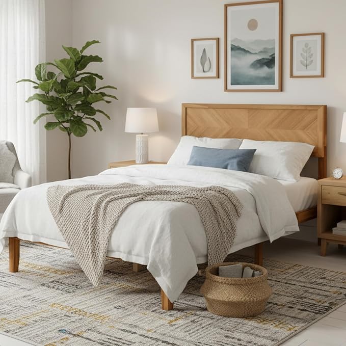 KOMFOTT Twin Size Wood Bed Frame with Headboard, Solid Acacia Wood Platform Bed Frame, Wooden Slats Supported Bed Base with Under-Bed Storage Space, No Box Spring Needed Mattress Foundation