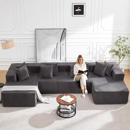 HOMREST 131" Boneless Memory Foam Sofa with Chaise Lounge, Comfy Corduroy Deep Seat Modular Sectional Couch, Large U-Shaped Floor Sofa for Living Room & Apartment, No Assembly Required Gray