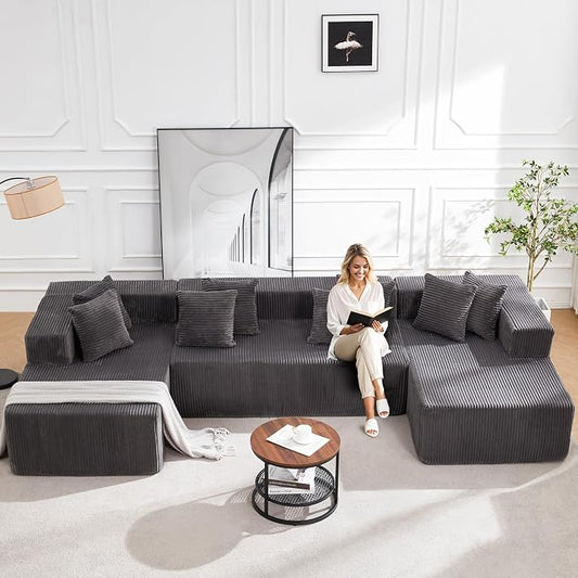 HOMREST 131" Boneless Memory Foam Sofa with Chaise Lounge, Comfy Corduroy Deep Seat Modular Sectional Couch, Large U-Shaped Floor Sofa for Living Room & Apartment, No Assembly Required Gray