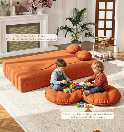 75” Full Size Convertible Sleeper Sofa Bed, Boneless Folding Futon Loveseat Sofa with 2 Pillows, High Density Foam Compressed Foldable Guest Couch for Living Room Apartment (Orange Corduroy)