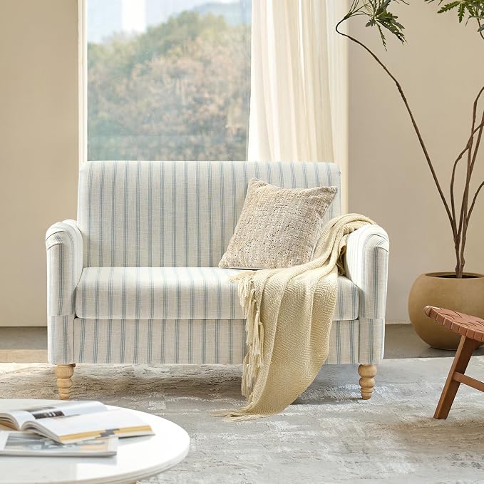 EcoHarbor Living 50.5" Mid-Century Modern Couch, Upholstered Sofa with Armrests, Stripe Mini Loveseat Couches for Small Space, Living Room, Bedroom, Office, Apartment, Blue