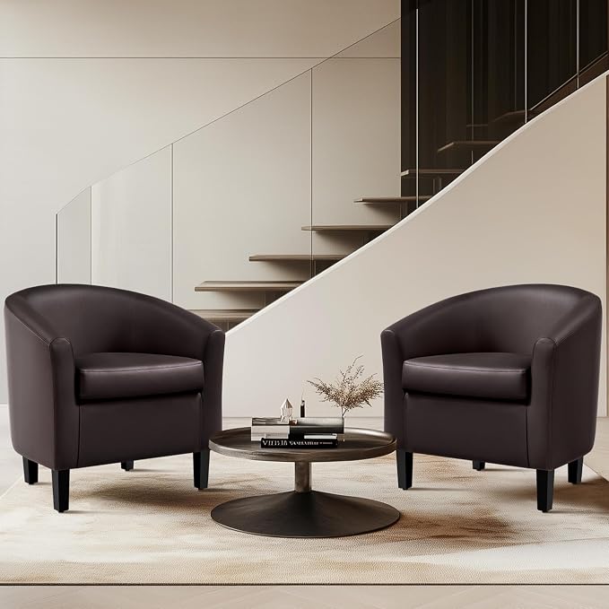 Topeakmart Accent Chair, Modern and Comfy Faux Leather Barrel Upholstered Club Chair with Wooden Legs for Living Room Bedroom, Set of 2, Espresso