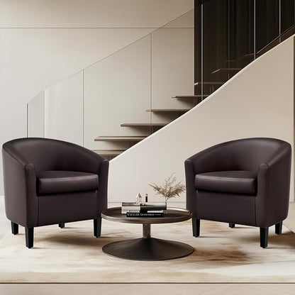 Topeakmart Accent Chair, Modern and Comfy Faux Leather Barrel Upholstered Club Chair with Wooden Legs for Living Room Bedroom, Set of 2, Espresso