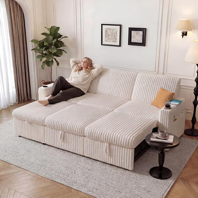 Vipbear 101" Sectional Sleeper Sofa with Pull Out Bed,5-Level Adjustable Backrest,3 Seat Modular Couch with Storage,Tool Free Assembly,USB & Cup Holders, Corduroy Sofa for Living Room,Beige