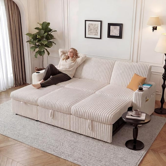Vipbear 101" Sectional Sleeper Sofa with Pull Out Bed,5-Level Adjustable Backrest,3 Seat Modular Couch with Storage,Tool Free Assembly,USB & Cup Holders, Corduroy Sofa for Living Room,Beige