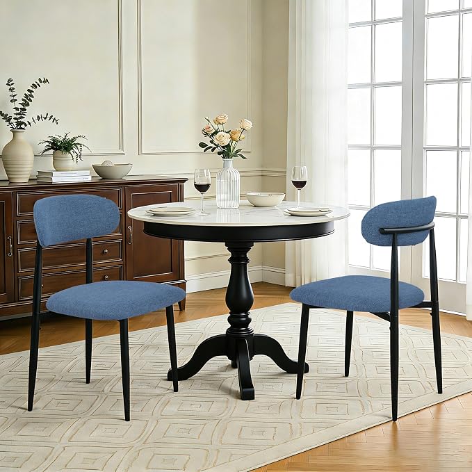 FREKEN Modern Upholstered Dining Chairs Set of 2, Mid-Century Metal Frame Linen Fabric Side Chair for Kitchen Dining Room, 350lbs Capacity, Blue