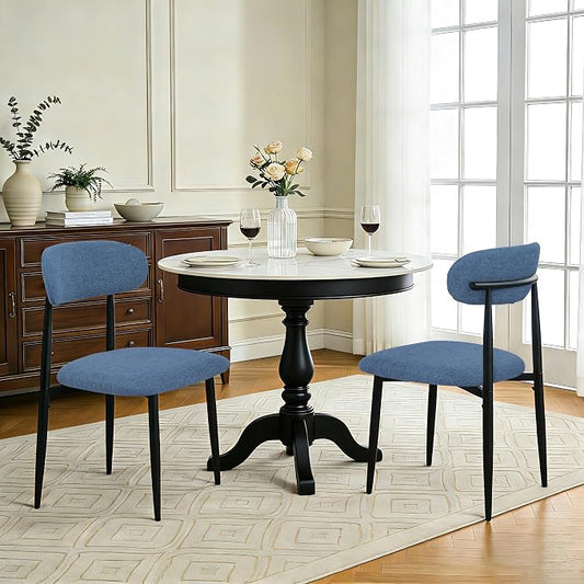 FREKEN Modern Upholstered Dining Chairs Set of 2, Mid-Century Metal Frame Linen Fabric Side Chair for Kitchen Dining Room, 350lbs Capacity, Blue