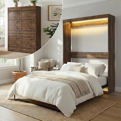CECER Full Vertical Murphy Wall Bed，Space Saving for Offices/Guest-Brown | Durable Gas-Lift for smooth folding，16 Color Controllable LED Lights，Sturdy frame ＆ Easy Assemble