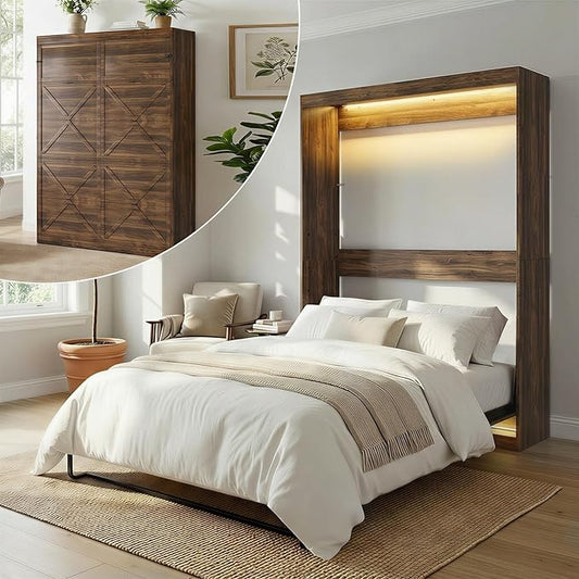 CECER Full Vertical Murphy Wall Bed，Space Saving for Offices/Guest-Brown | Durable Gas-Lift for smooth folding，16 Color Controllable LED Lights，Sturdy frame ＆ Easy Assemble