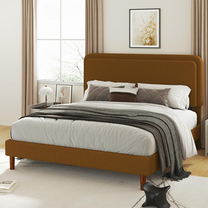King Size Boucle Platform Bed Frame with Adjustable Headboard, Upholstered Cloud Bed, Solid Wooden Legs, No Box Spring Needed, Easy Assembly, Brown