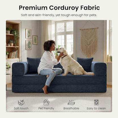 78.8" Convertible Sofa Bed,Corduroy Futon Couch with Storage Pocket,Folding Pull Out Futon Sofa,No Assembly Boneless Couch for Home & Apartment, Royal Blue