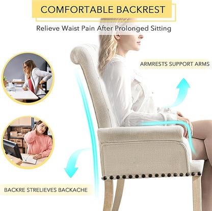 adochr Dining Chairs with Arms, Upholstered Linen Dining Room Chairs with Solid Wood Legs, Accent Armchair for Kitchen Dining Living Room, Beige