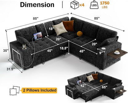 Vipbear 86" Modular Sectional Sleeper Sofa with Pull Out Bed, 5 Seat Chenille L Shaped Couch with USB Ports|Cup Holders|Side Table|Storage Loveseat, Tool Free Assembly, Black