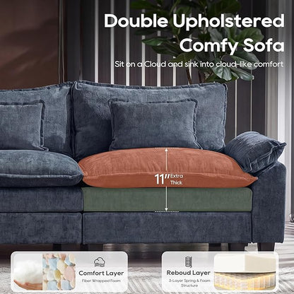 URRED Oversized Modular Sectional Sofa, 87" L Shaped Modern Comfy Cloud Couch with Movable Ottoman & Pillows, Deep Seat Couches for Living Room, Bedroom or Apartment (Chenille Blue, 87" L Shaped)