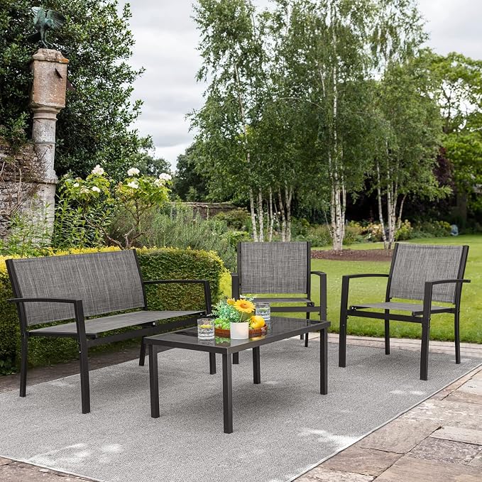 Devoko 4 Pieces Patio Furniture Set Outdoor Garden Patio Conversation Sets Poolside Lawn Chairs with Glass Coffee Table Porch Furniture (Grey)