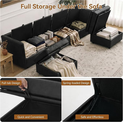 105" Black Faux Leather Storage 4 Seater Sofa with 2 Ottomans, Comfy Couch | Convertible Modular Sectional Sofa, U Shaped Oversized Couch, Upholstered Large Cloud Couch For Living Room, Apartment.