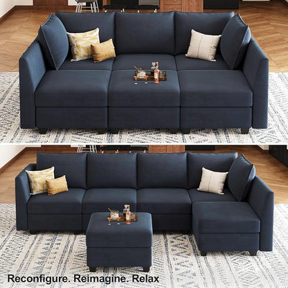Belffin Modular Sectional Sofa Sleeper Couch with Storage Velvet Sectional Sofa Bed, 6 Seats, Blue