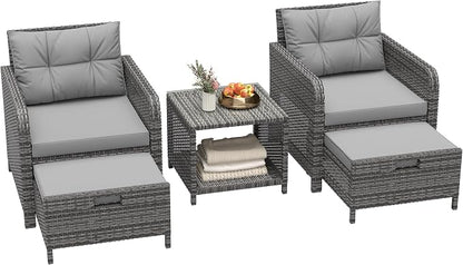 LHBcraft 5 Piece Outdoor Furniture Set, PE Rattan Balcony Furniture with Soft Cushions, Patio Set 2 Ottoman & Table for Porch, Lawn, Garden, Grey