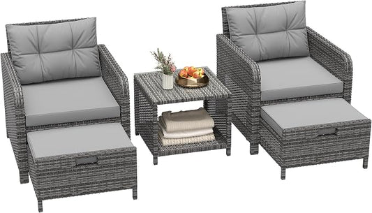 LHBcraft 5 Piece Outdoor Furniture Set, PE Rattan Balcony Furniture with Soft Cushions, Patio Set 2 Ottoman & Table for Porch, Lawn, Garden, Grey