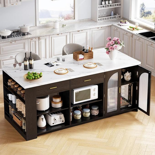 IBF 71" Large kitchen island with storage and seating, White Faux MarbleIsland Table with Drawers, Modern Stationary Island Cabinet & Fridge Space,Counter Height Island Bar for Dining Room, Black Base