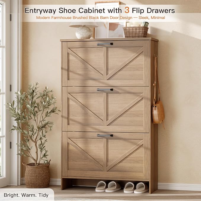 Nicetree Freestanding Shoe Cabinet for Entryways – Shaker Barn Door Style, 3 Flip Drawers, Ultra Slim 9.5" Depth – Farmhouse Shoe Rack with 3 Adjustable Shelves – Caramel Organizer for Hallway & Foyer