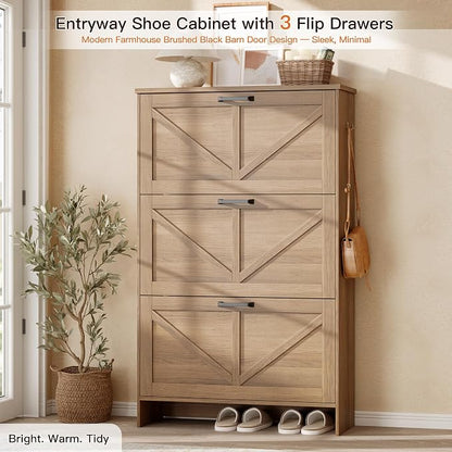 Nicetree Freestanding Shoe Cabinet for Entryways – Shaker Barn Door Style, 3 Flip Drawers, Ultra Slim 9.5" Depth – Farmhouse Shoe Rack with 3 Adjustable Shelves – Caramel Organizer for Hallway & Foyer