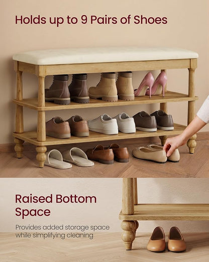 VASAGLE Mariel Collection - Shoe Bench, Wooden Entryway Bench with Padded Seat, 2-Tier Shoe Storage Rack, 31.5 x 11.6 x 19.7 inches, for Entryway and Bedroom, Natural Brown ULSB180K101S