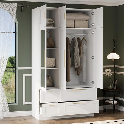 47" Almirah for Clothes, Tall Storage Wardrobe Closet Cabinet, Wardrobe with Drawers, Clothes Closet with Metal Hanging Rod, Handles, Mirror and Doors for Bedroom, White + Gold