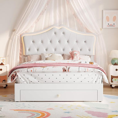 Garvee Full Size Bed Frame with LED Lights & Velvet Crystal Button Headboard, Upholstered Boy/Girl Platform Bed with Storage Drawer, Noise Free, No Box Spring Needed for Kids, Teens, Beige