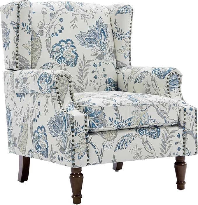 High Back Accent Chair, Fabric Upholstered Armchair Floral Wingback Chair for Living Room, Comfy Single Sofa Bedroom Reading Seat with Solid Wood Legs - Plants Blue
