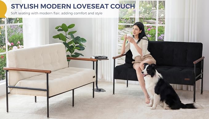 MAXYOYO Living Room Accent Chair, Loveseat Sofa Chair with Sturdy Metal Frame & Wood Armrests, Button Tufted Upholstered Small Couch Modern Love Seat for Bedroom Office, Black