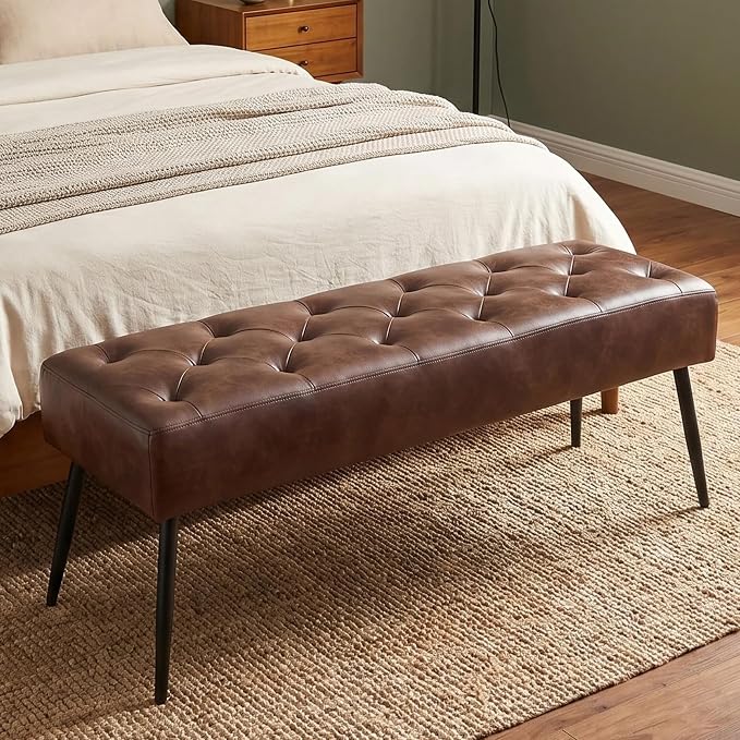 DUHOME Button-Tufted Ottoman Bench, Upholstered Bedroom Benches Footrest Stool Dining Bench Leather Accent Bench for Entryway Dining Room Living Room Bedroom End of Bed, Dark Brown