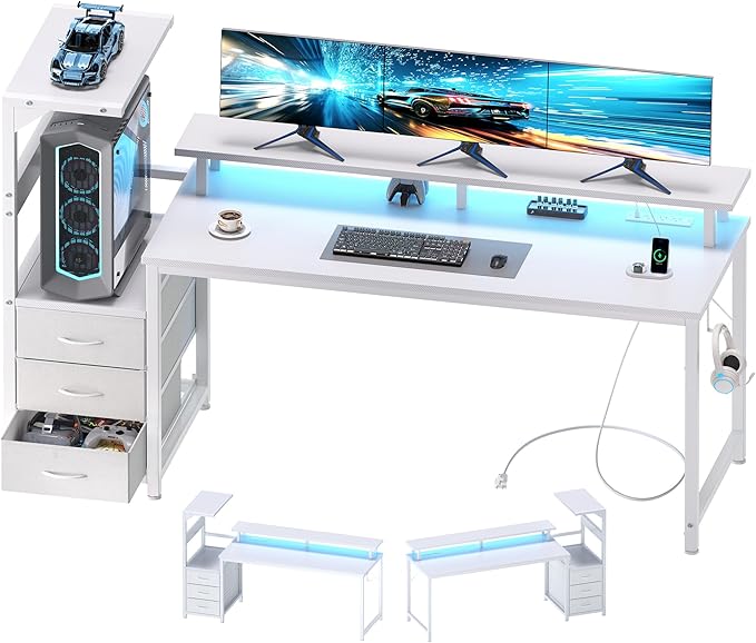 DUMOS 59” Gaming Desk with USB Charging Ports & LED Lights, Reversible Computer Desk with Drawers, PC Desk for Home Office Small Space, Gaming Table Fits PC Towers, White