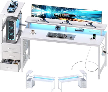 DUMOS 59” Gaming Desk with USB Charging Ports & LED Lights, Reversible Computer Desk with Drawers, PC Desk for Home Office Small Space, Gaming Table Fits PC Towers, White