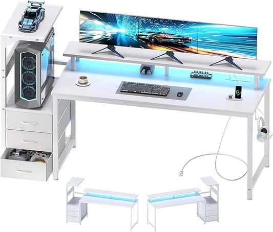 DUMOS 59” Gaming Desk with USB Charging Ports & LED Lights, Reversible Computer Desk with Drawers, PC Desk for Home Office Small Space, Gaming Table Fits PC Towers, White