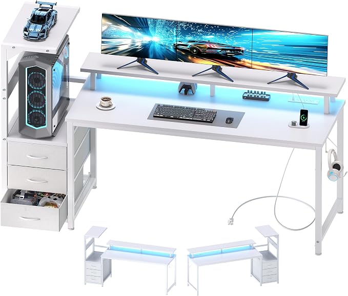 DUMOS 59” Gaming Desk with USB Charging Ports & LED Lights, Reversible Computer Desk with Drawers, PC Desk for Home Office Small Space, Gaming Table Fits PC Towers, White