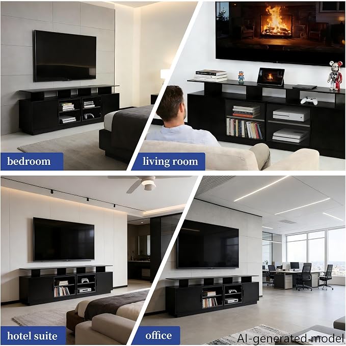 70-Inch Black TV Cabinet,Equipped with A USB Charging Strip,6 Large Storage Spaces,2 Glass Doors with Built-in Ambient Lighting,Serving as A Media and Entertainment Cabinet