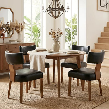 HNY Mid Century Modern Dining Chairs Set of 4, Farmhouse PU Leather Upholstered Accent Chair Curved Backrest Kitchen Chairs, with Hardwood Frame, Black