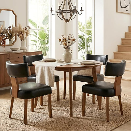 HNY Mid Century Modern Dining Chairs Set of 4, Farmhouse PU Leather Upholstered Accent Chair Curved Backrest Kitchen Chairs, with Hardwood Frame, Black