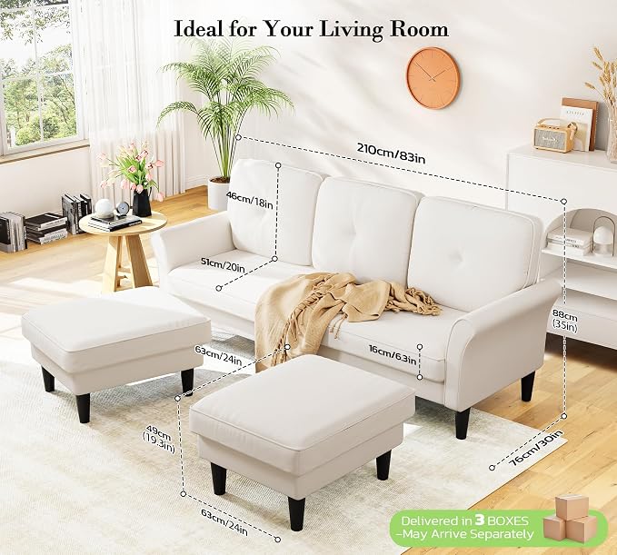 Small Sectional Couch, 83" U Shaped Couch, Comfy Velvet Couches for Living Room, Tool-Free Setup Modular Sectional Sofa, 850lbs Load Sofas for Living Room with 2 Movable Ottomans, White Couch