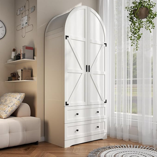 Gyfimoie White Armoire Wardrobe Closet with 2 Drawers, 74.8" Wooden Wardrobe with 2 Doors, Freestanding Closet Armoire Cabinet with Hanging Rack, Clothing Storage Cabinet for Bedroom (White)