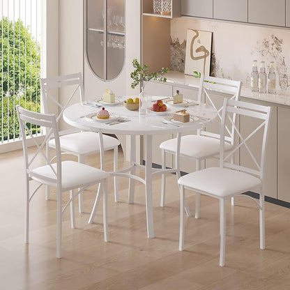 VECELO 36" Round Dining Table for 4, Faux Marble Dinette with Metal Frame for Kitchen, Apartment, Home, Space-Saving, Off White