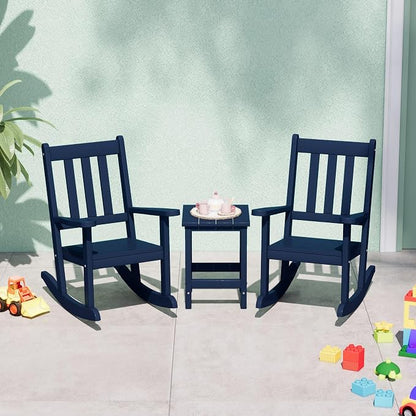 Costaelm Paradise Kids 3-Piece Outdoor HDPE Plastic Square Side Table and Rocking Chairs Set, Navy Blue