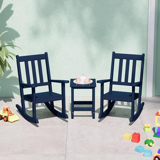 Costaelm Paradise Kids 3-Piece Outdoor HDPE Plastic Square Side Table and Rocking Chairs Set, Navy Blue
