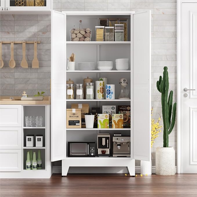 Kitchen Pantry Cabinet,71" H x 31.5" W,Metal Farmhouse Storage Cabinet with Adjustable Shelves and Barn Doors,5-Tier Storage Cabinet for Kitchen Dining Room Garage,White 1 Pack