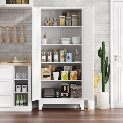 Kitchen Pantry Cabinet,71" H x 31.5" W,Metal Farmhouse Storage Cabinet with Adjustable Shelves and Barn Doors,5-Tier Storage Cabinet for Kitchen Dining Room Garage,White 1 Pack