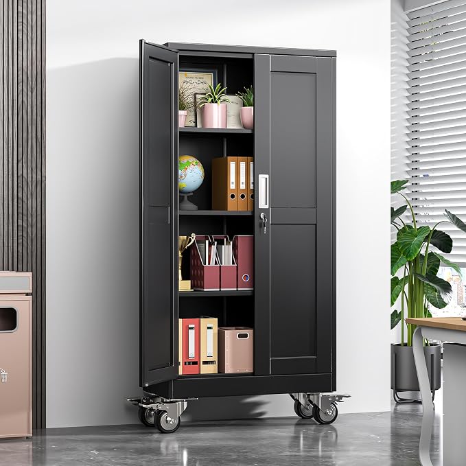 Metal Garage Storage Cabinet, 61”Tall Rolling Utility Cabinet Black | storage system with Wheels, Lock, 3 Adjustable Shelves, Heavy Duty Steel Tool Locker for Home Office, Utility Room, Gym